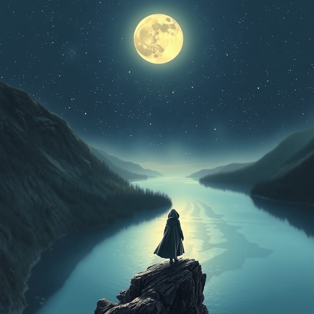 Lunar Reflection: Serene Lake Under Starry Sky