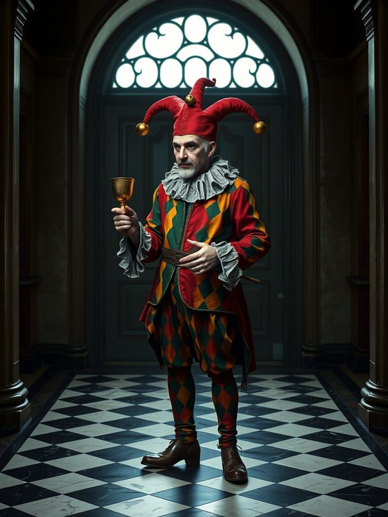 Grim Court Jester in a Checkered Vestibule
