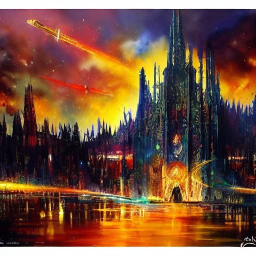 Futuristic Ship in Space: Watercolor Painting of Phantom Elv...