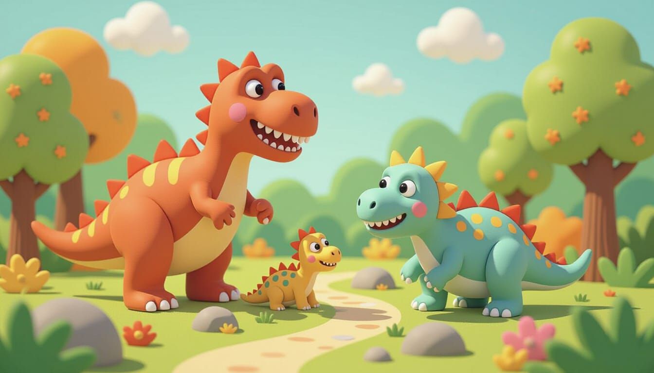 Pastel Clay Dinosaurs in Cartoon Park