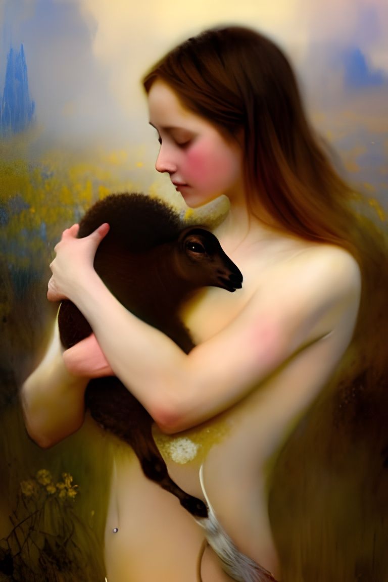 Goddess Holding Lamb: Gouache and Watercolor Painting