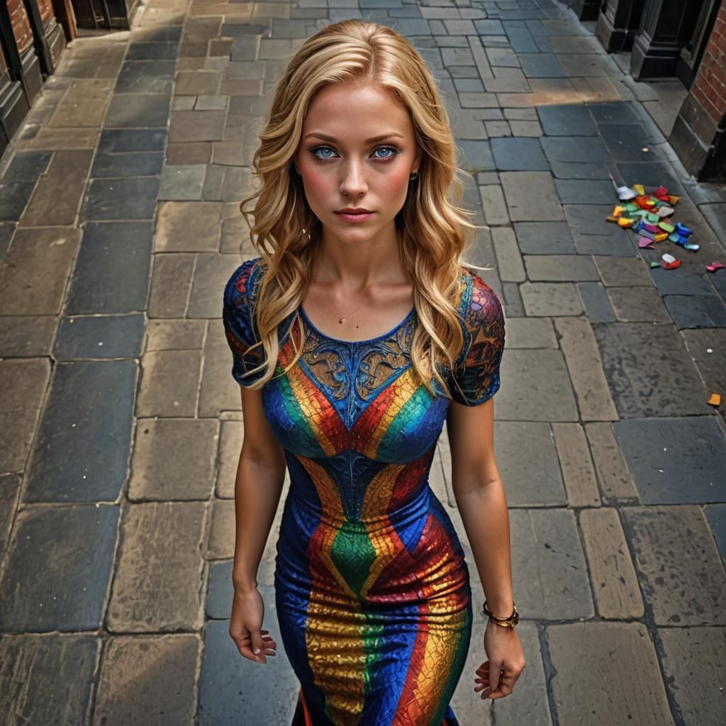 Rainbow Dress on Beautiful Woman: Hyperrealistic Image