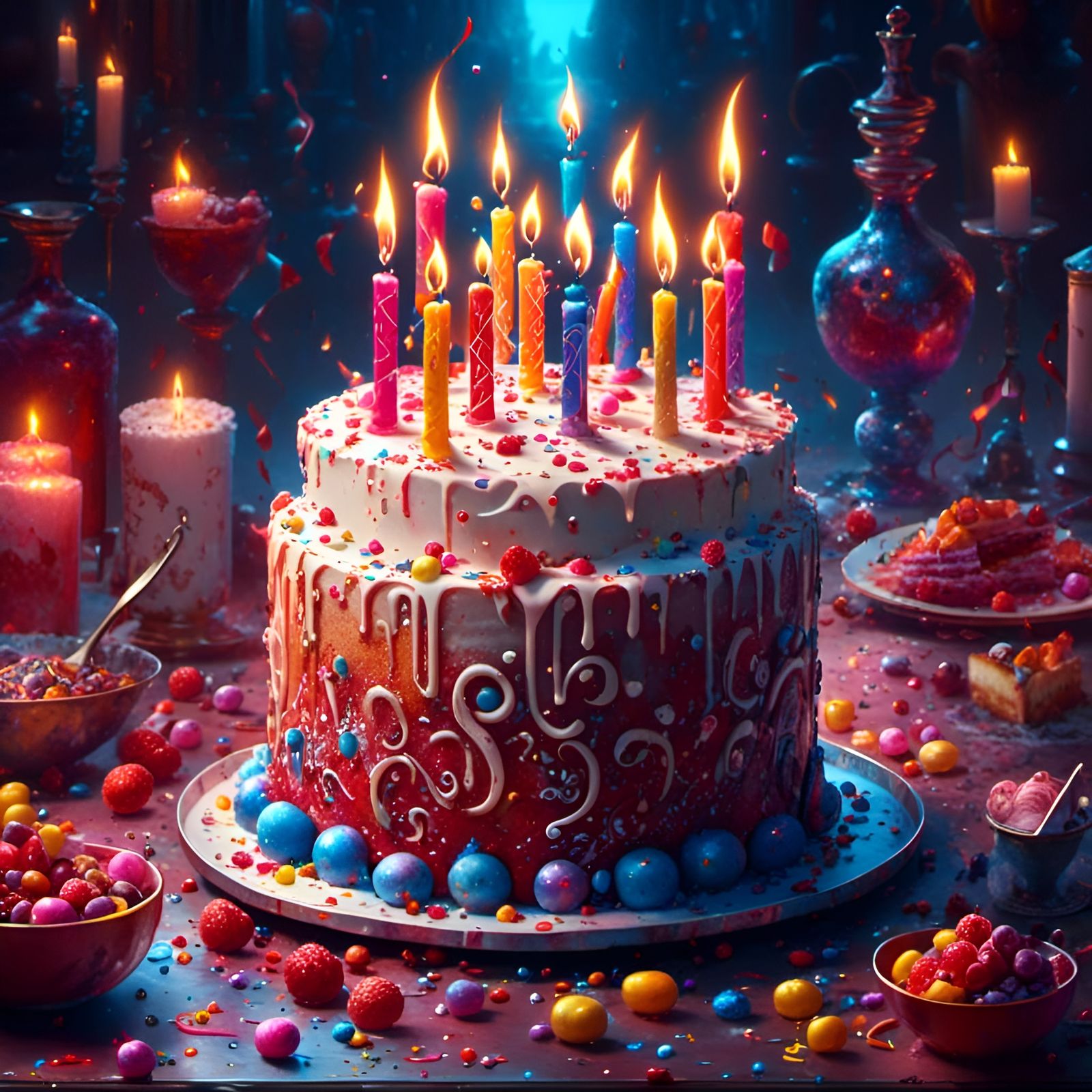 Rococo Birthday Cake with Glowing Runes, Photorealistic