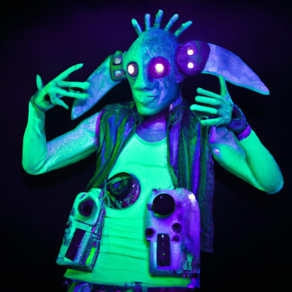 Anthropomorphic Monster Artist on Stage: Close-Up Portrait