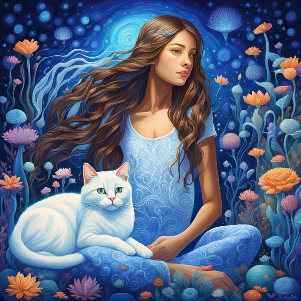 Underwater Girl with Cats and Bioluminescent Plants