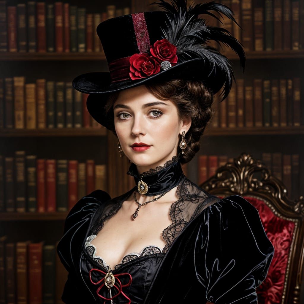 Victorian Gothic Portrait of a Woman in a Red Top Hat