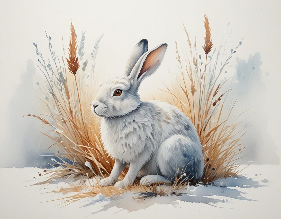 Serene Winter Hare in Moonlit Snowy Meadow