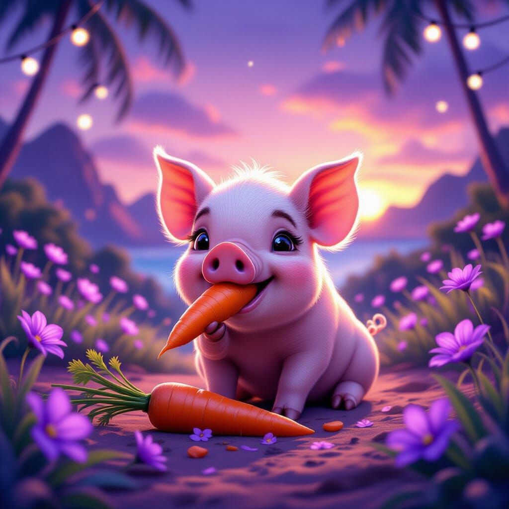 Cute Cartoon Pig Enjoys Carrot at Purple Hawaiian Sunset