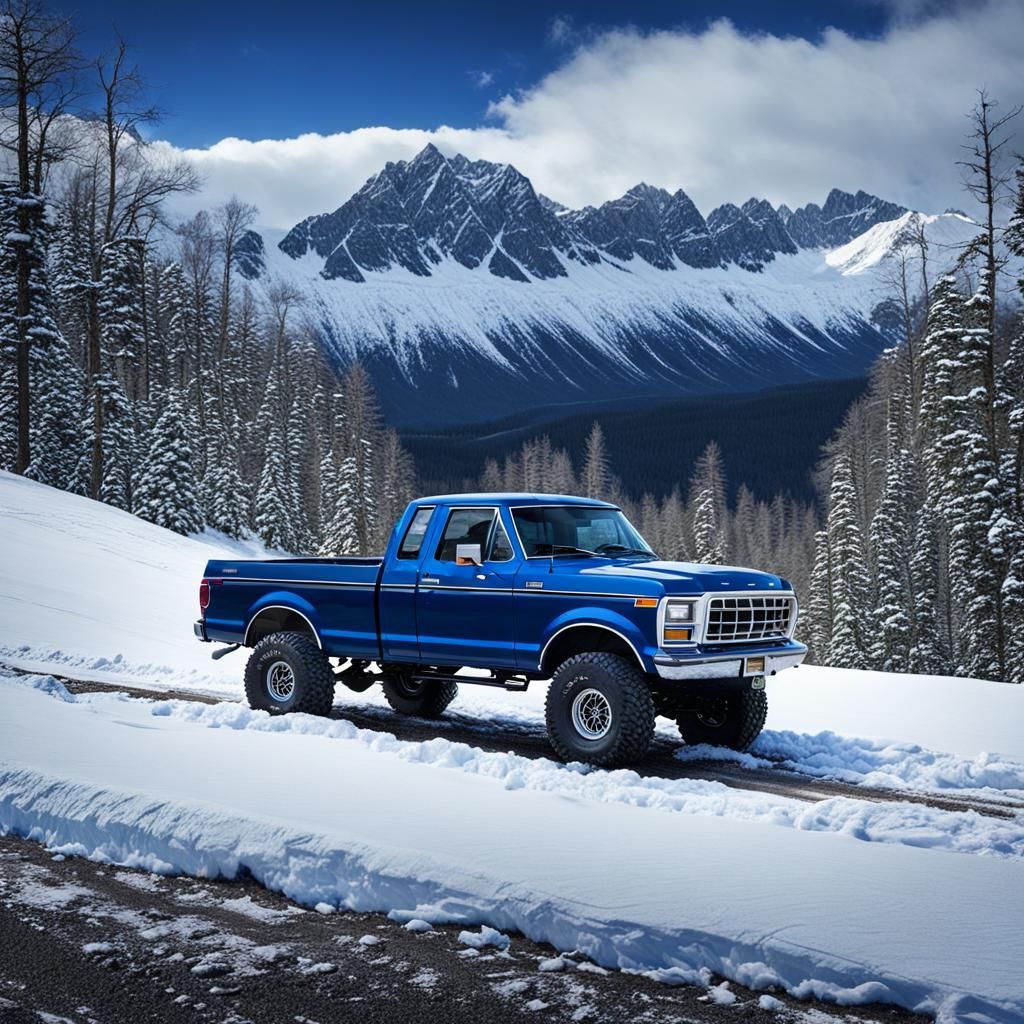 Dark blue 1979 F-150 with mud tires driving on a rough mountain road in the winter