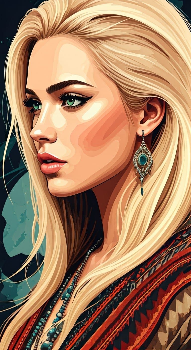 Grunge Goddess with Striking Green Eyes, Vector Art Portrait