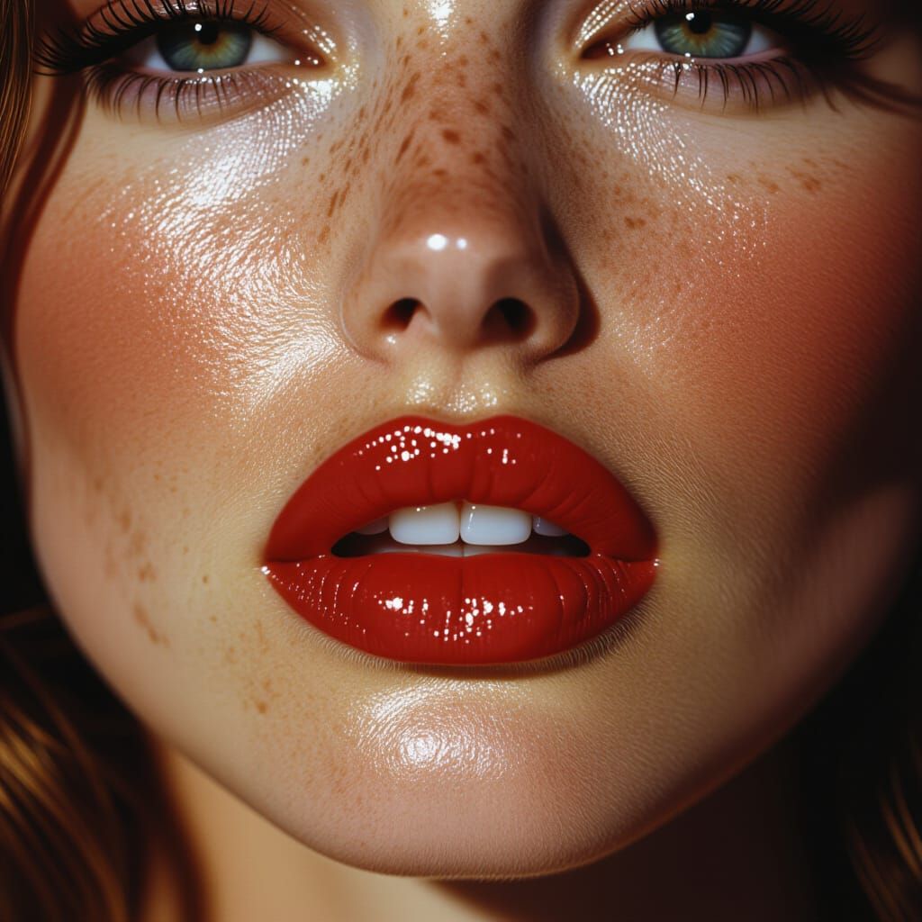 Hyperrealistic Close-Up of Woman's Lips and Cleavage