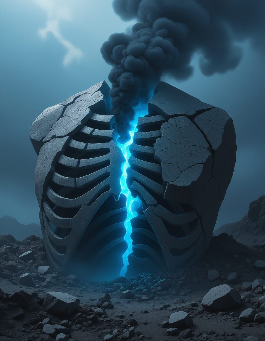 Gigantic Stone Torso with Blue Glowing Ribs and Black Mist