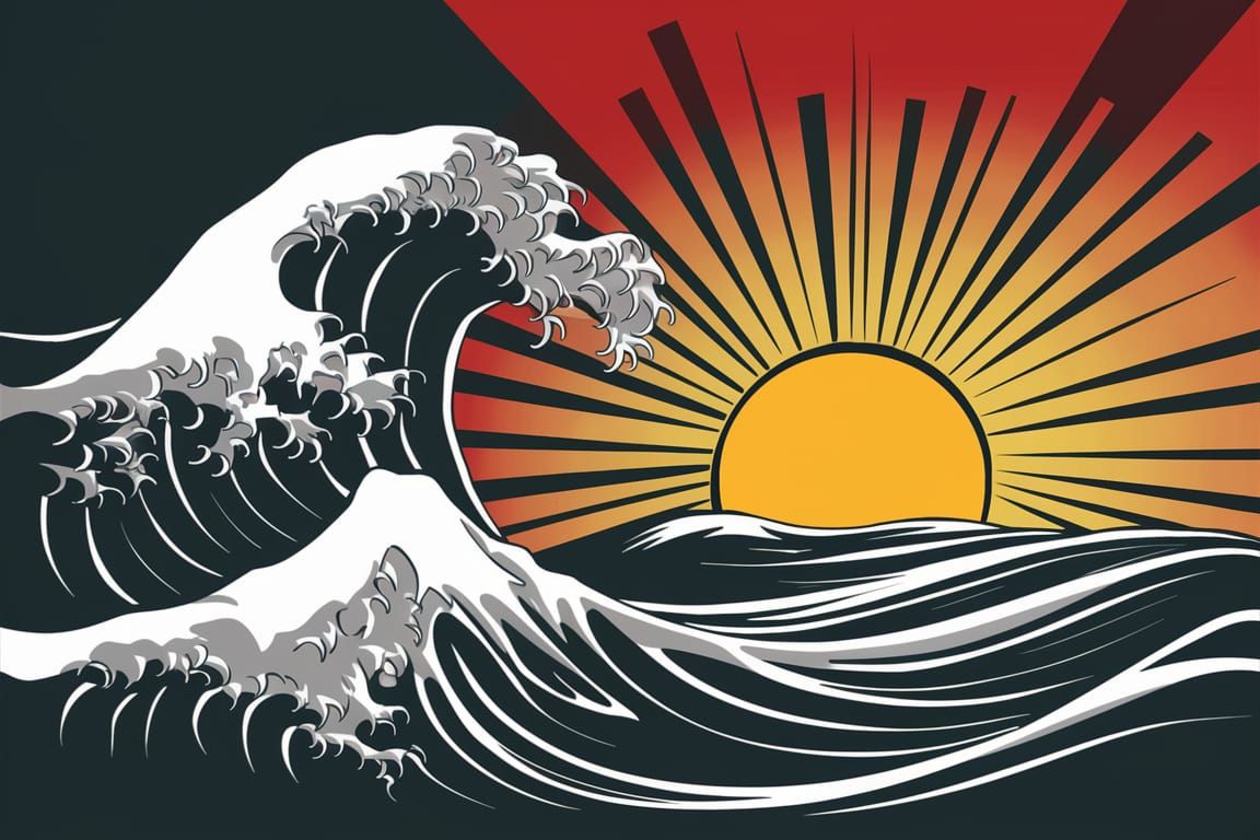 Dynamic Wave Silhouette with Rising Sun