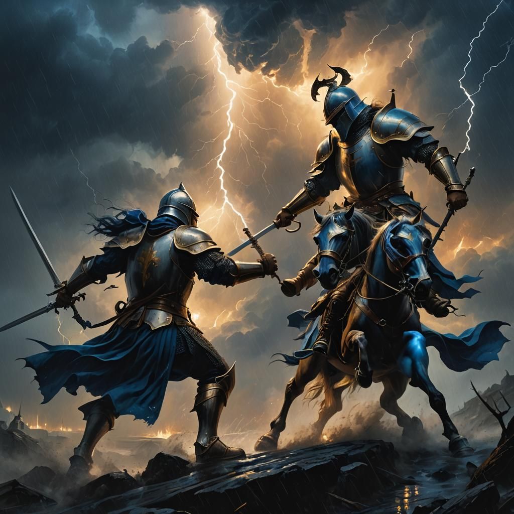 Knights Slaying Beast in Dark Fantasy Oil Painting