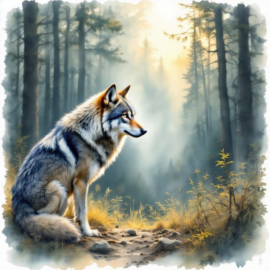 Full Body Wolf Portrait in Misty Forest