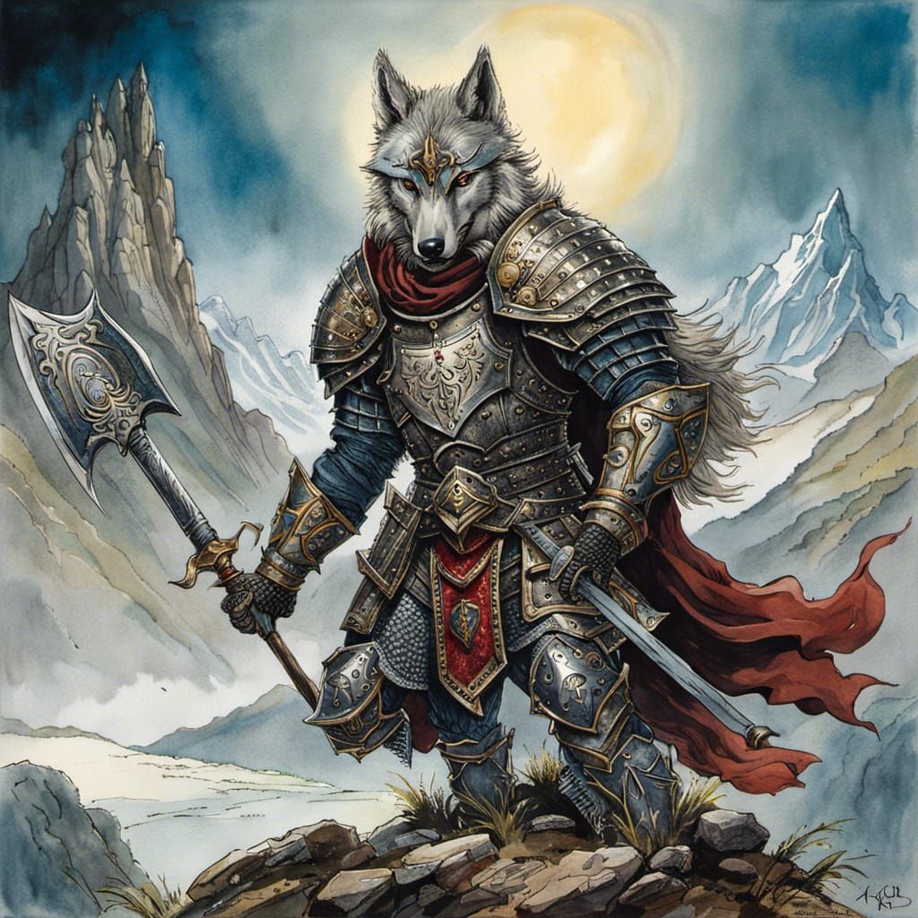 Heroic Wolf Knight in Watercolor and Ink