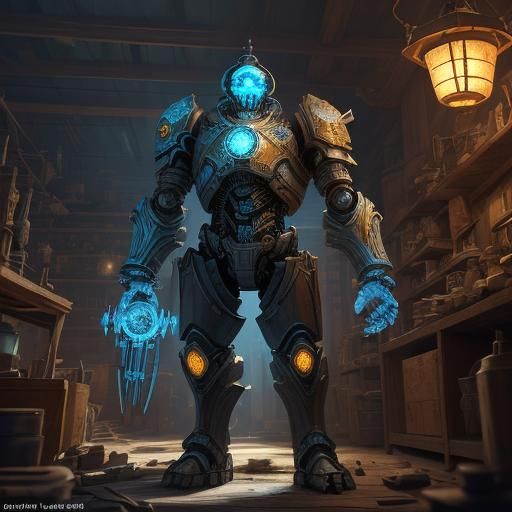 Warforged Engineer in Cozy Workshop: Fantasy Art