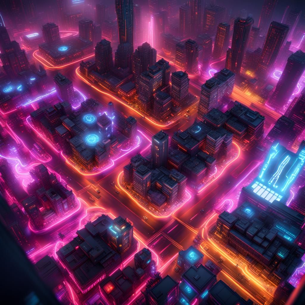 Neon Motherboard Cityscape: Detailed Digital Art