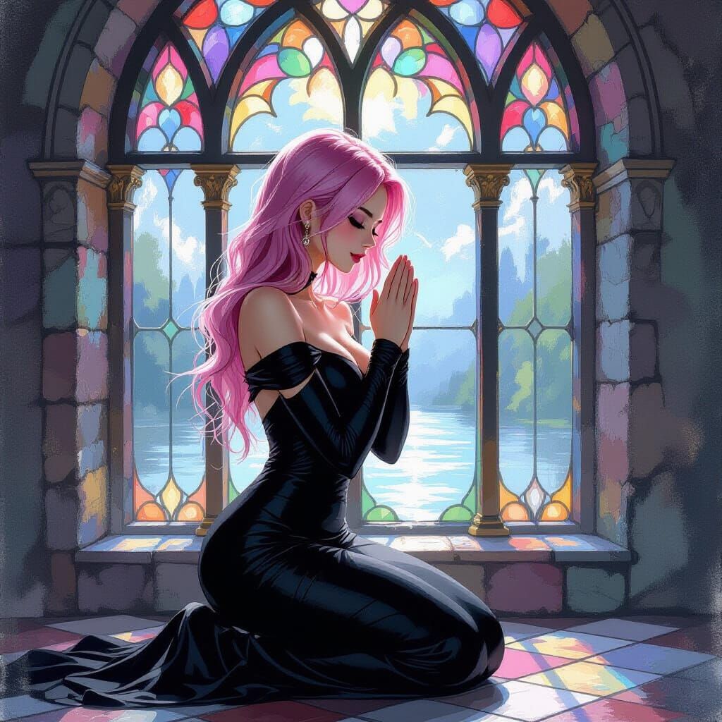 Pink Haired Woman Praying Before Stained Glass