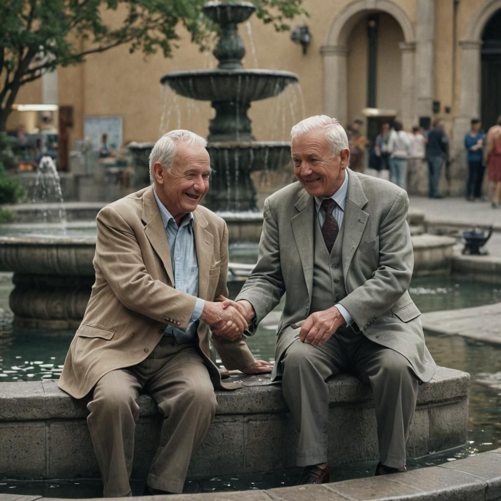 Touching Moment: Elderly Men at Fountain in Cinematic Style