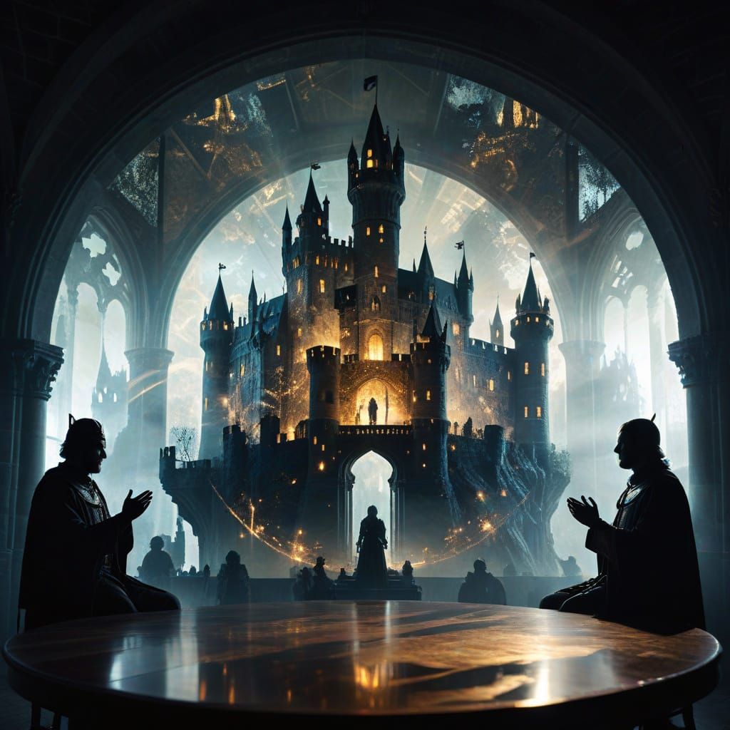 Enchanted Roundtable Scene in Mystical Double Exposure