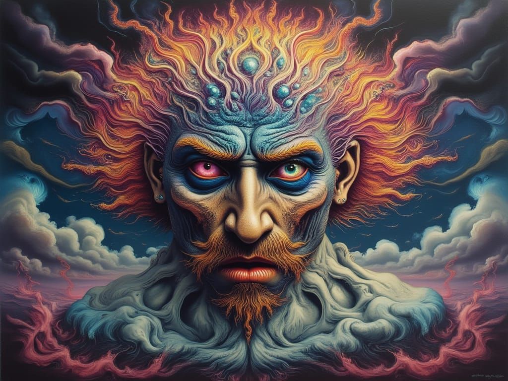 Man Mutation with Peacock and Fractal Faces, Eye Eruption