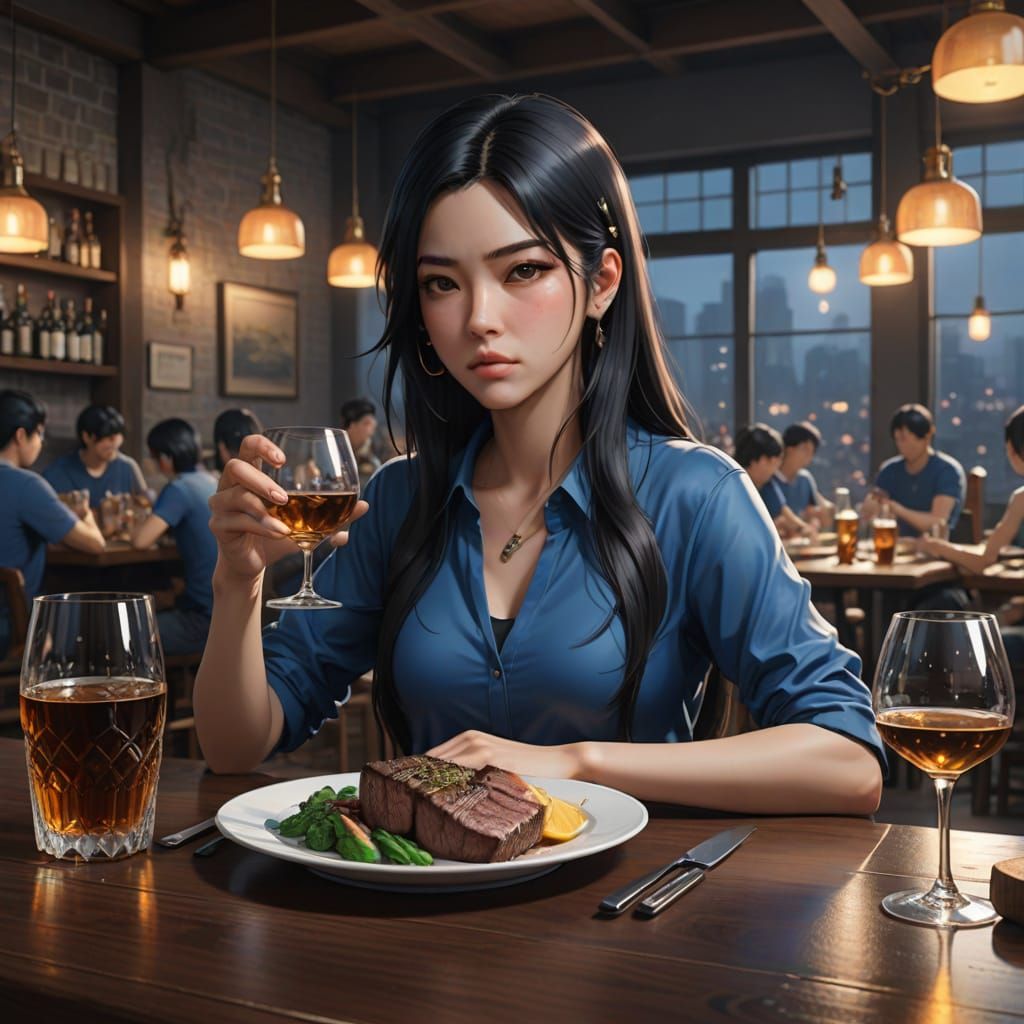 Woman Eats Steak Amidst Whisky, Gym Background