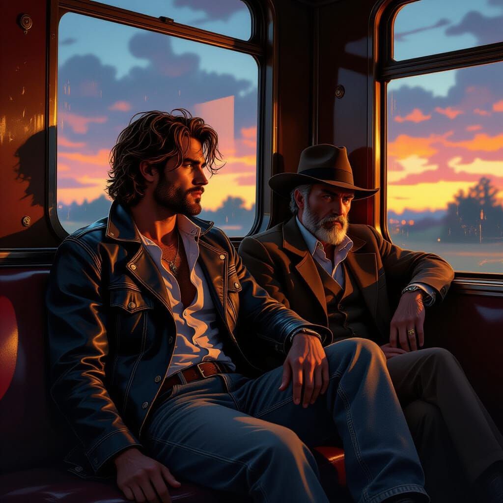 Vintage Train Scene with Traveler and Gambler