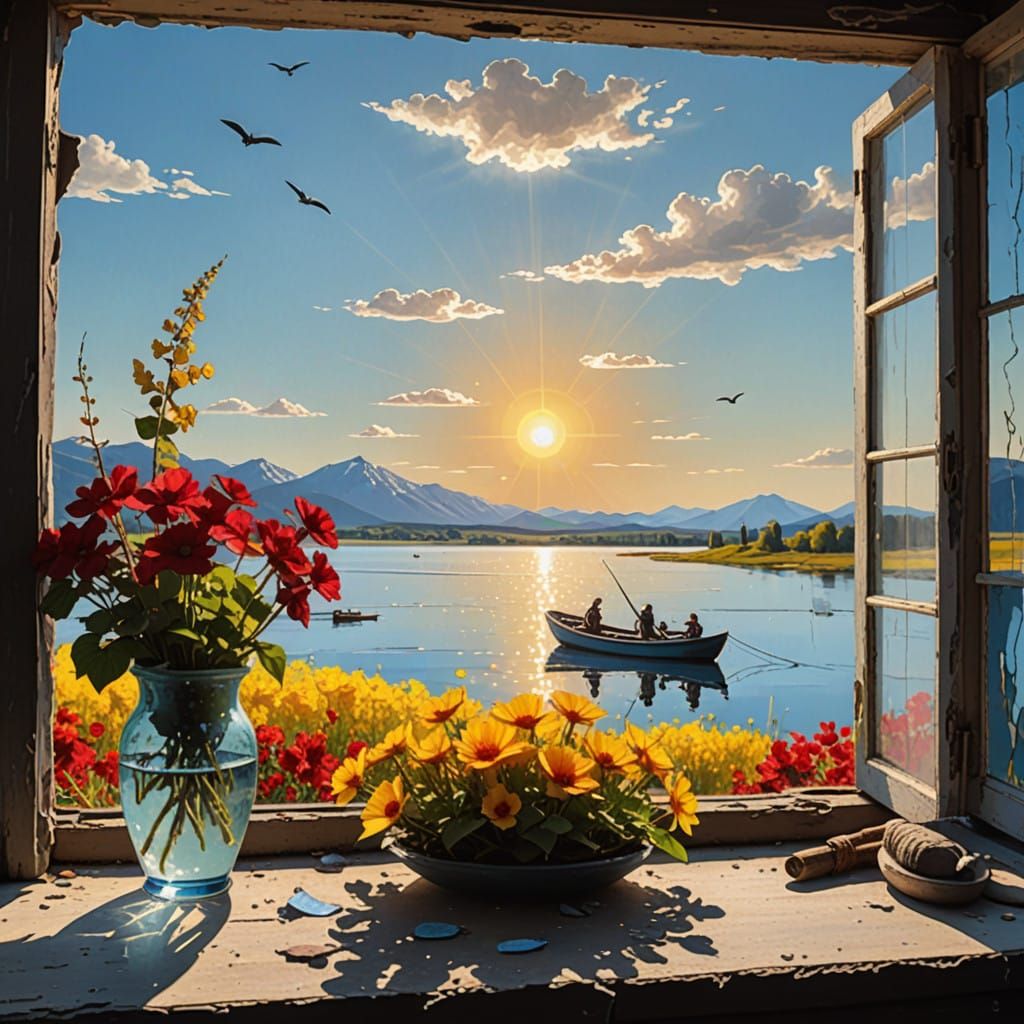Sunny Lake Scene with Broken Window