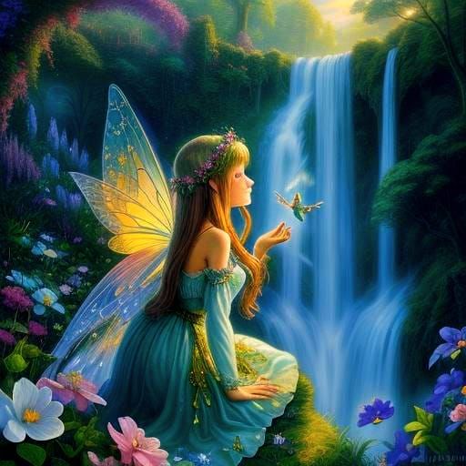 Ethereal Fairies by Waterfall in Hyperdetailed Fantasy Art