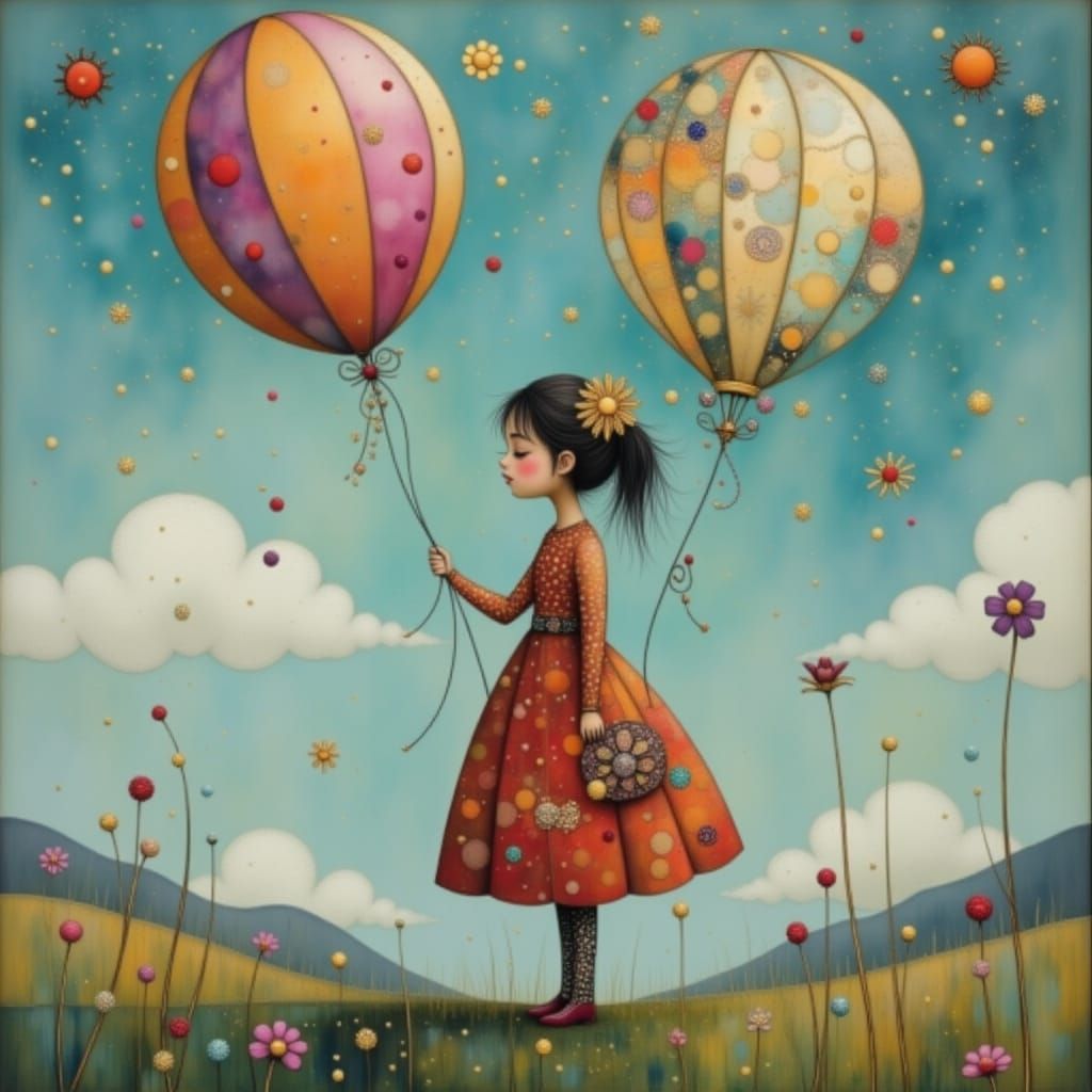 Girl with Balloon in Whimsical Style
