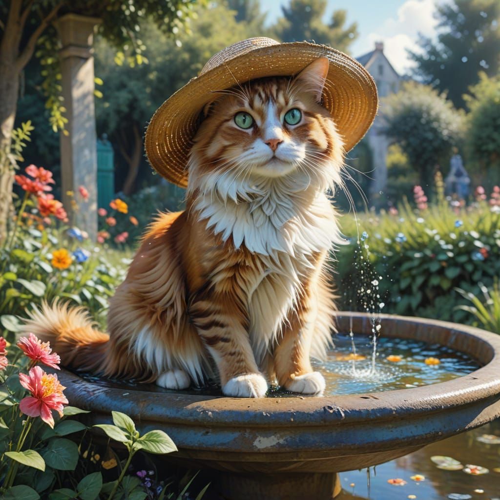 Languid Feline in Impressionist Garden Scene