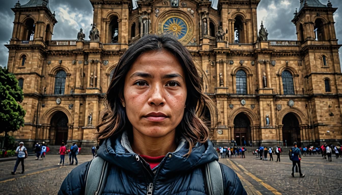 Colombian Woman Portrait at Basilica, Hyperrealistic Style
