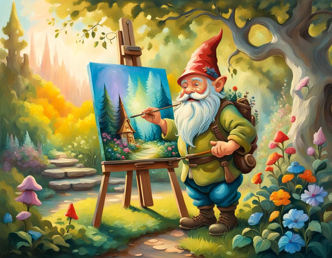 Gnome Painting a Fantasy Landscape in Impressionist Style