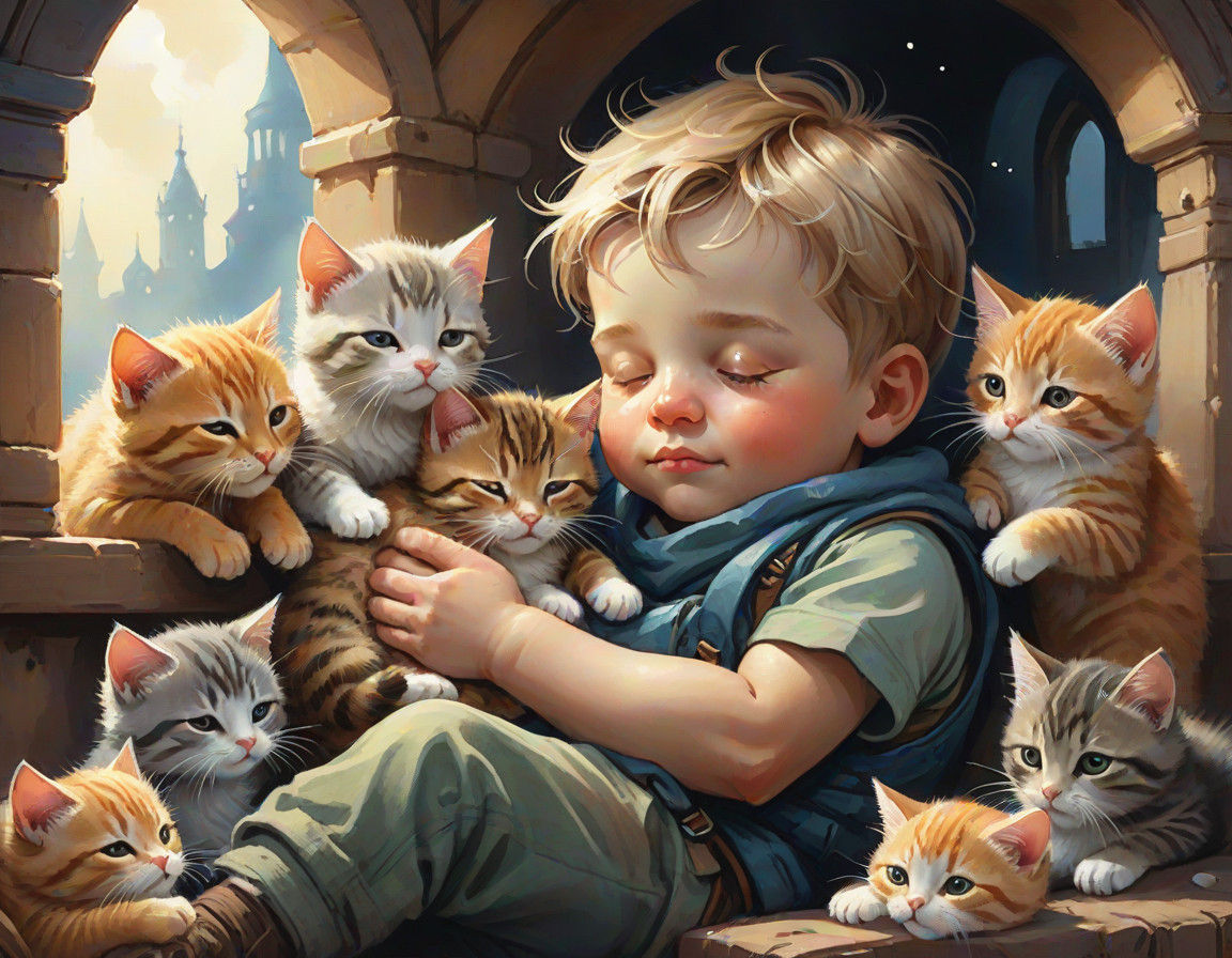 Serene Baby Boy Surrounded by Whimsical Kittens in Dark Fant...