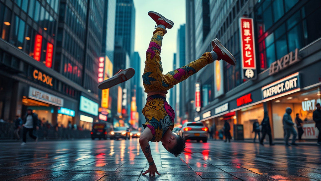 Breakdancer Spins in Neon-Lit Futuristic Cityscape