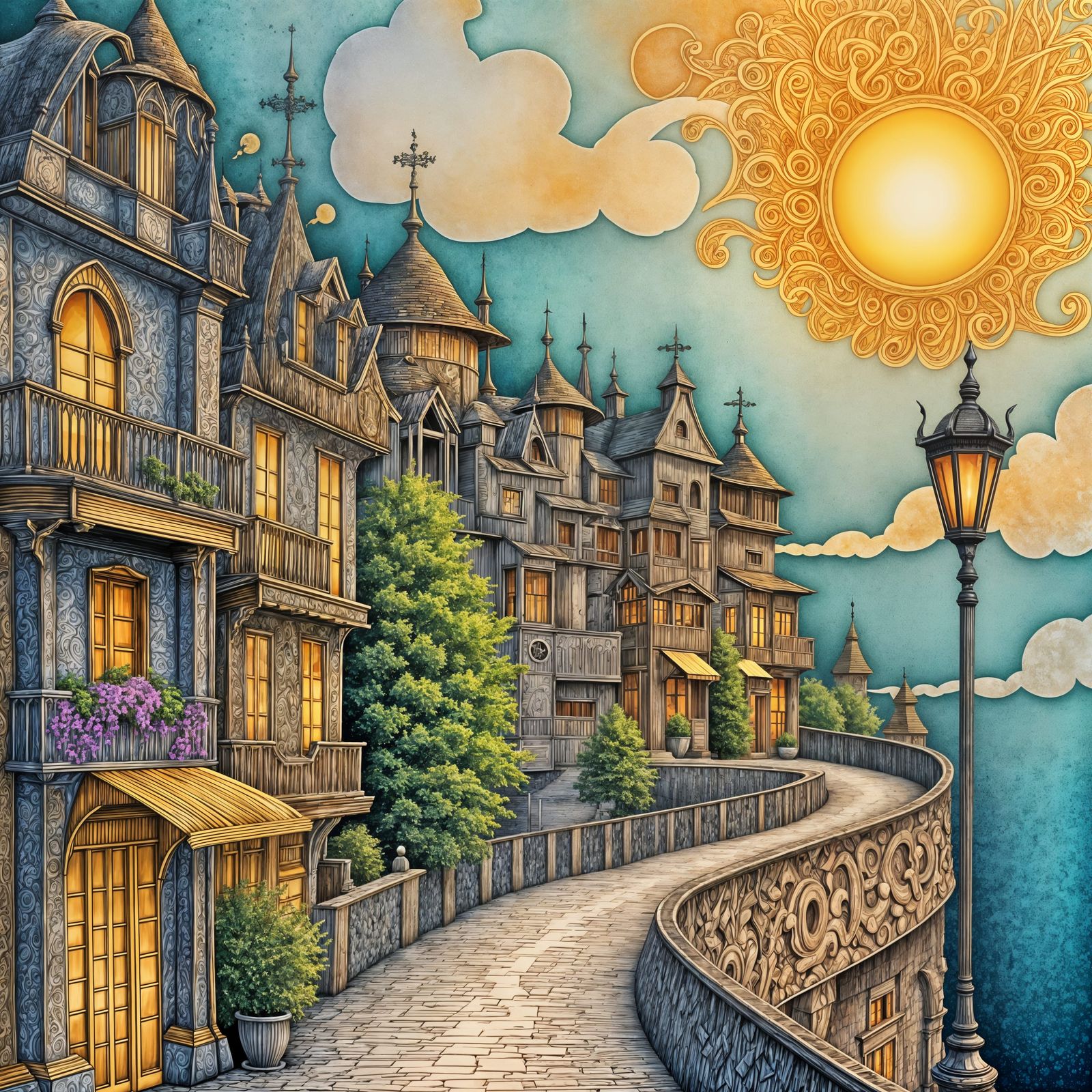 Art Nouveau Cityscape with Abstract Background