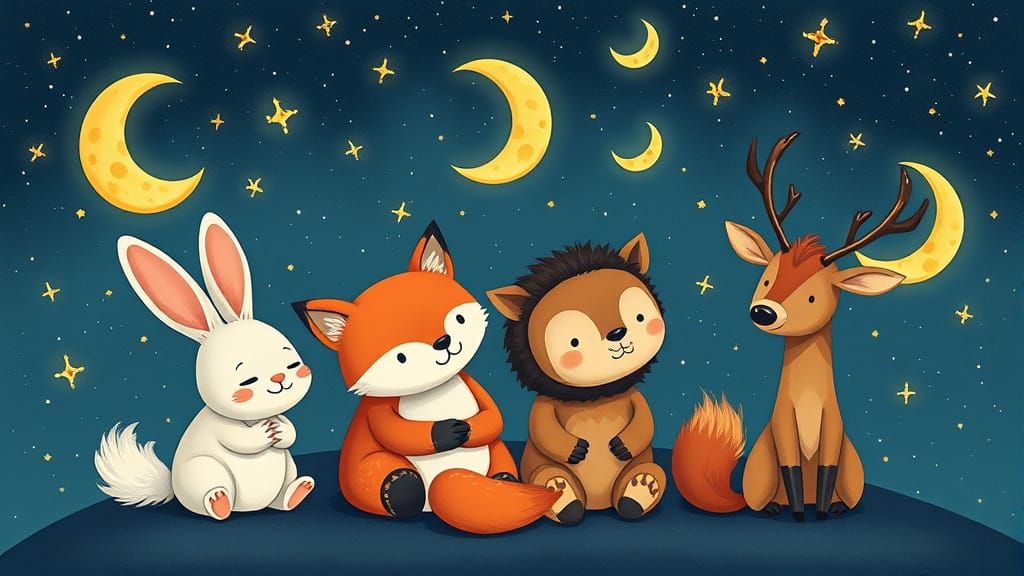Whimsical Cartoon Animal Friends Stargazing Under a Dreamy N...