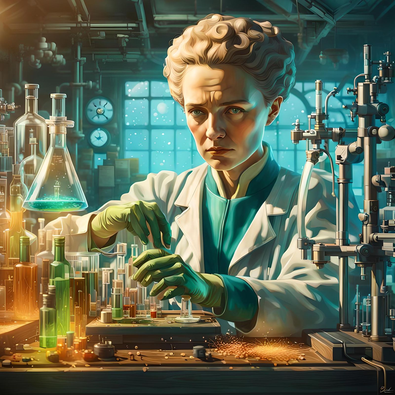 Marie Curie, in her lab