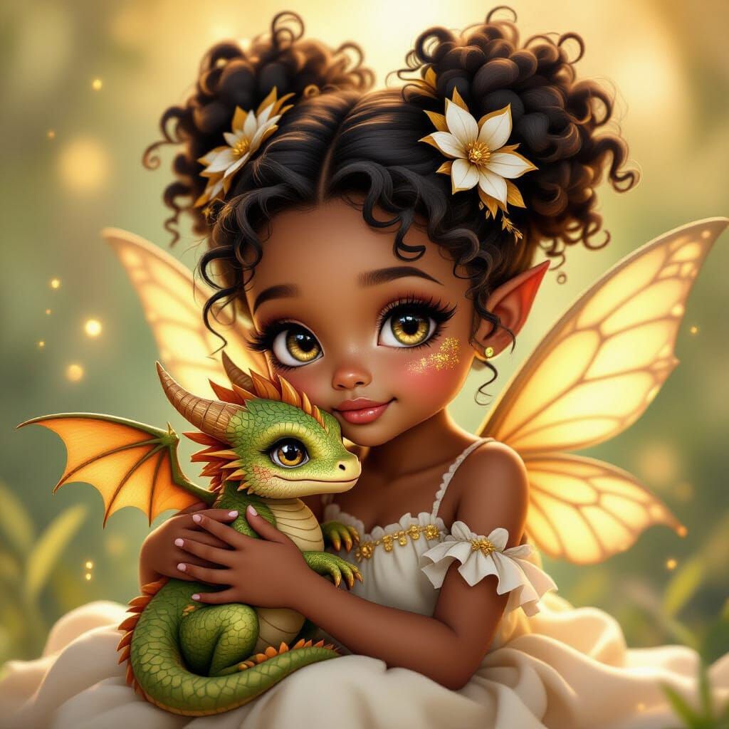 African-American Fairy Girl Cuddles Baby Dragon in Mystical ...
