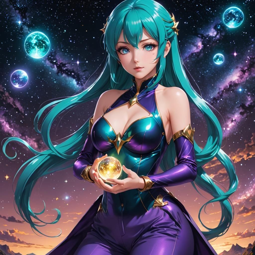 Anime Woman with Teal Hair Holding Magic