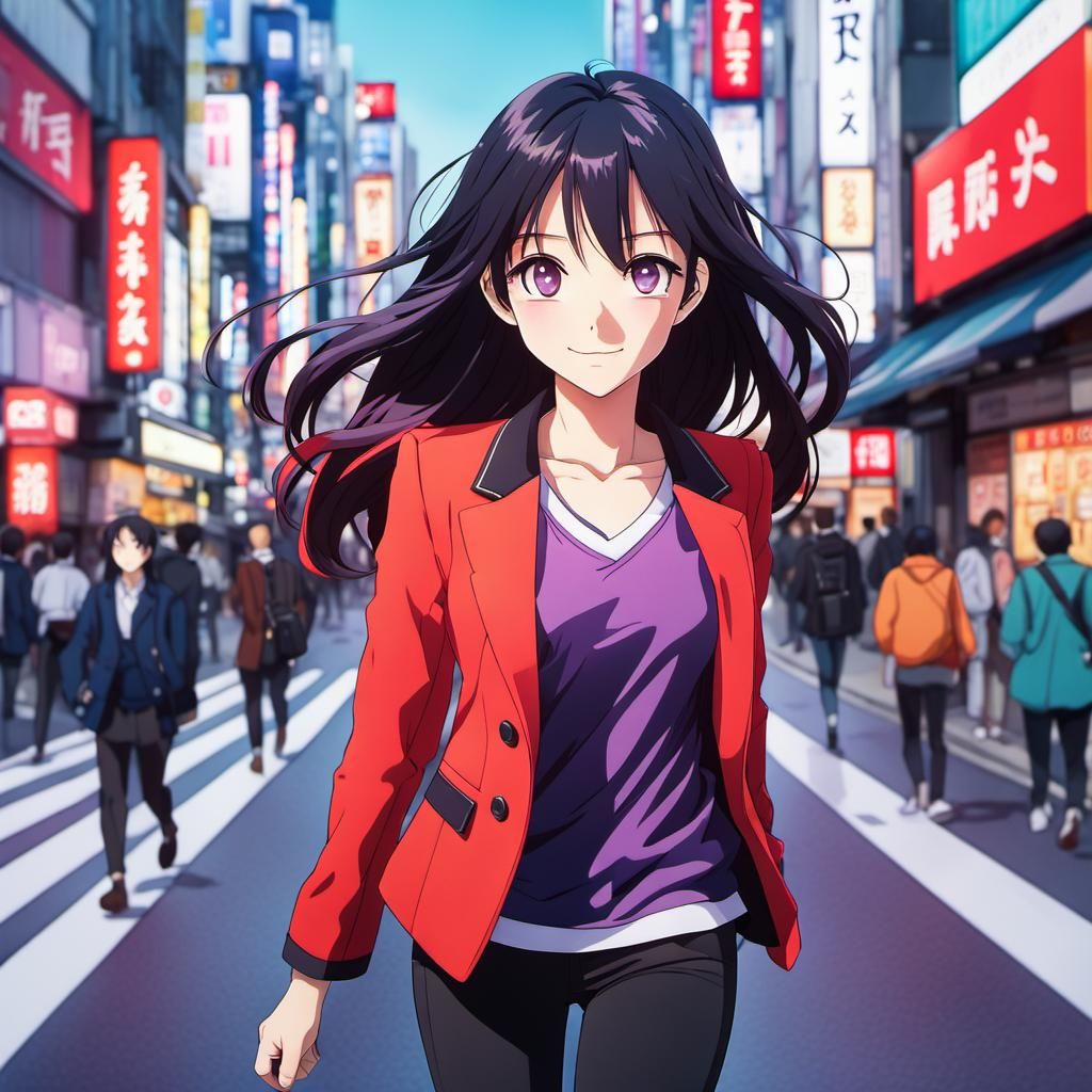 Anime Girl Walking in Shibuya in Cel-Shaded Style