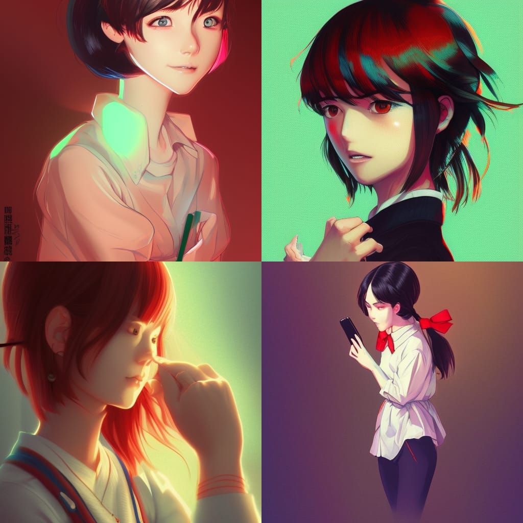 Anime-Inspired Woman with Phone in Digital Illustration