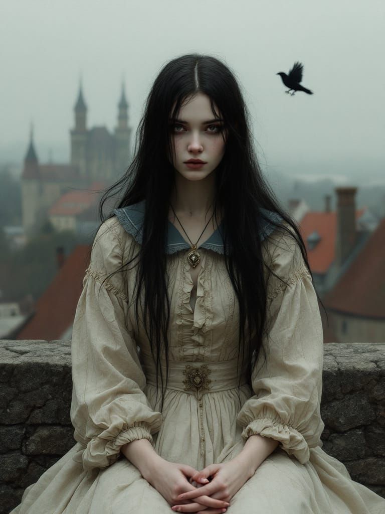 Melancholy Woman Before Castle, Black Bird Flies