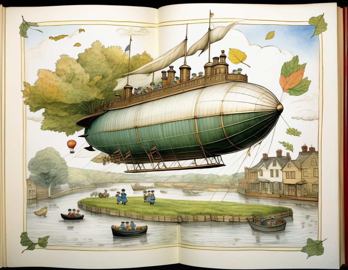 Victorian Airship Illustration in Children's Book Style