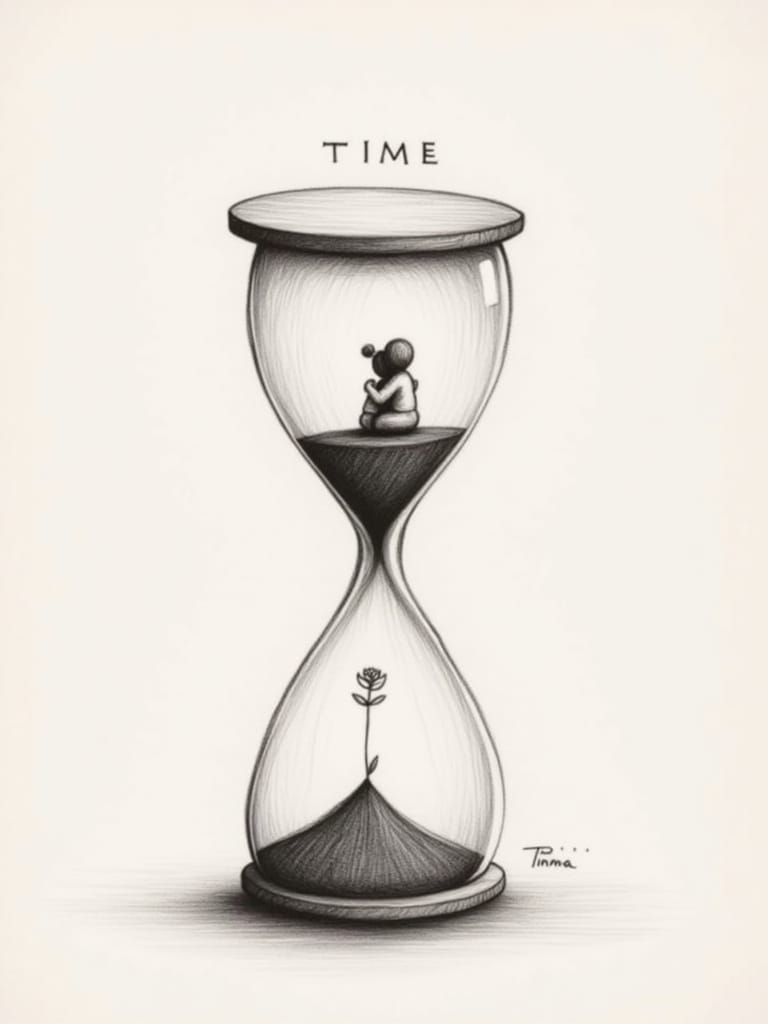 Surreal Pencil Drawing of Time as Intimate Embrace