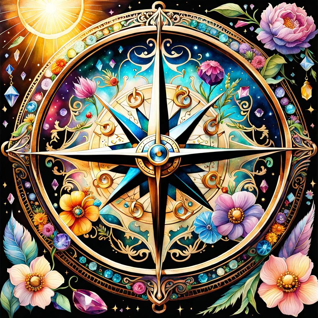 Enchanted Compass in Magical Garden, Watercolor Style