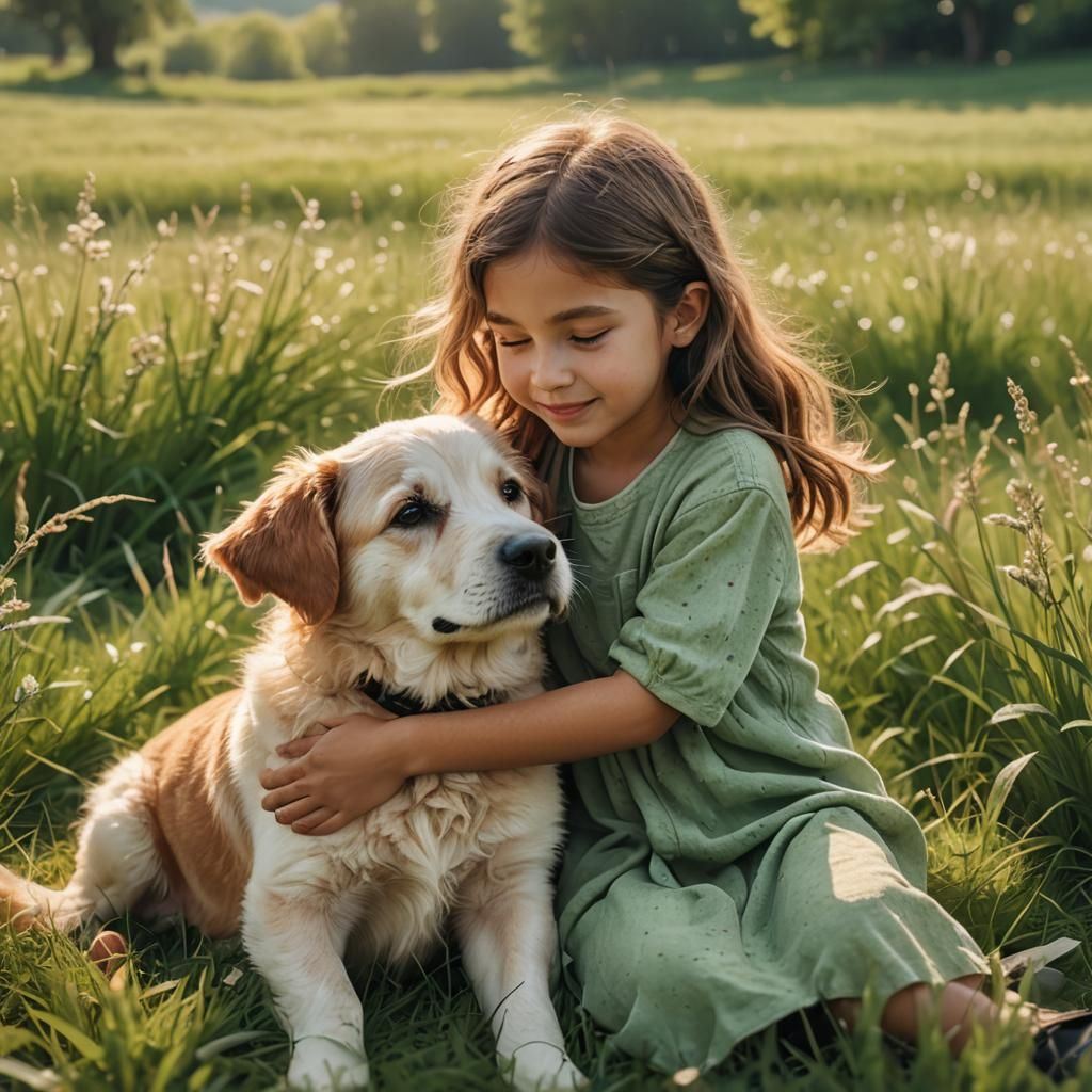 Heartwarming Moment: Girl and Dog in Meadow