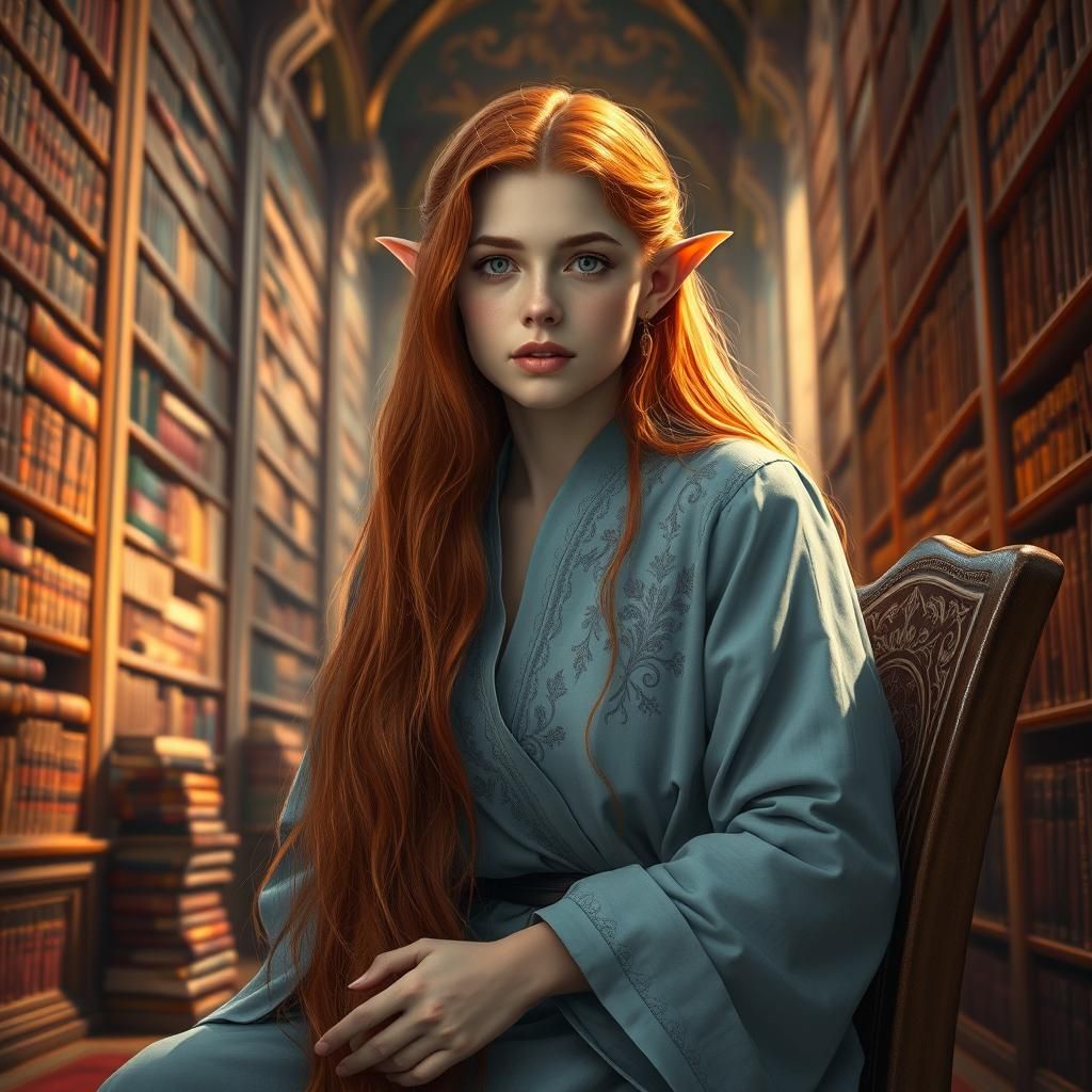 Fantasy Elf with Red Hair in Library