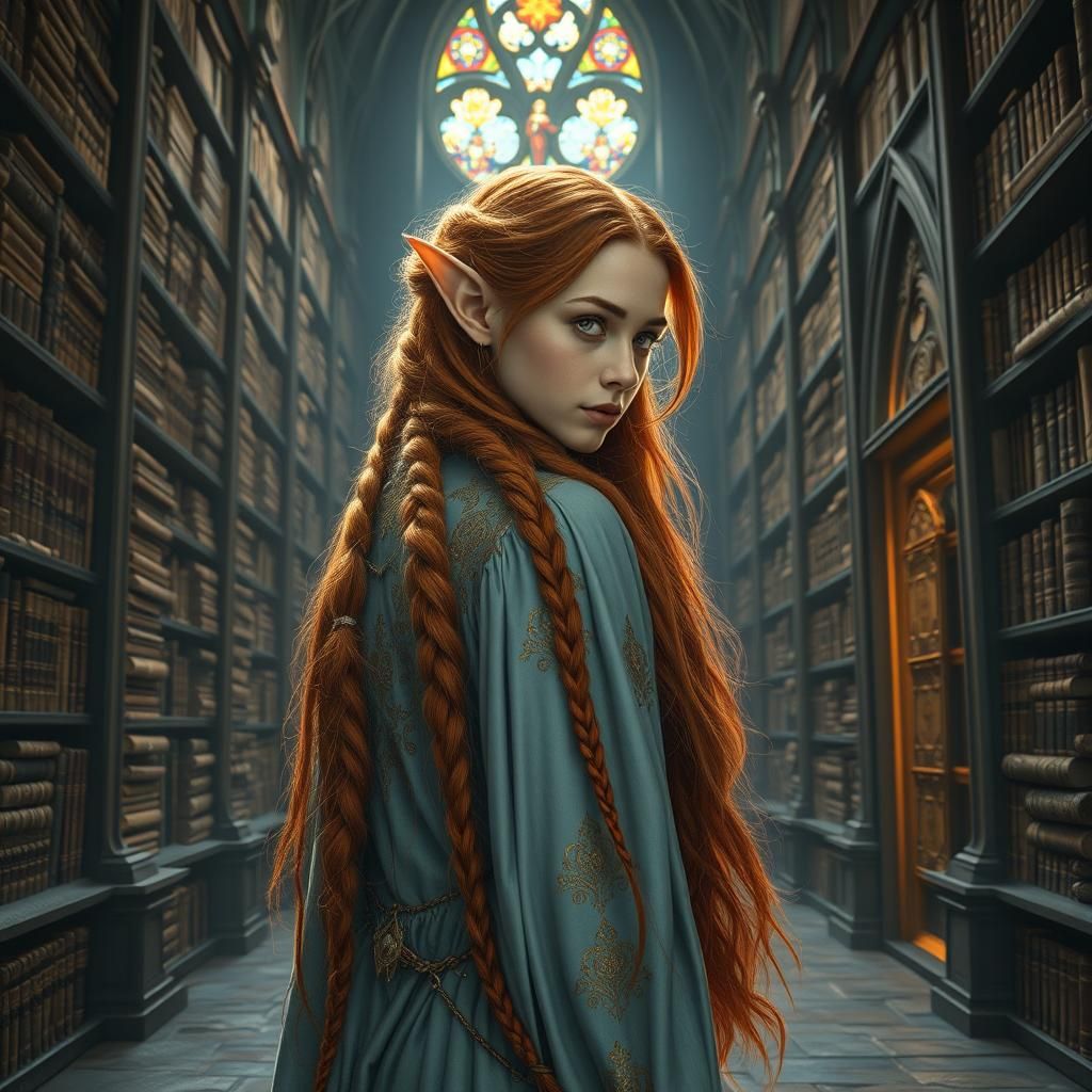 Fantasy Elf in Library, as Digital Painting